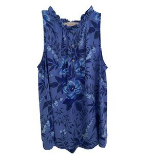 LOFT Blue Sleeveless Floral Print Ruffle Neck Blouse Size S